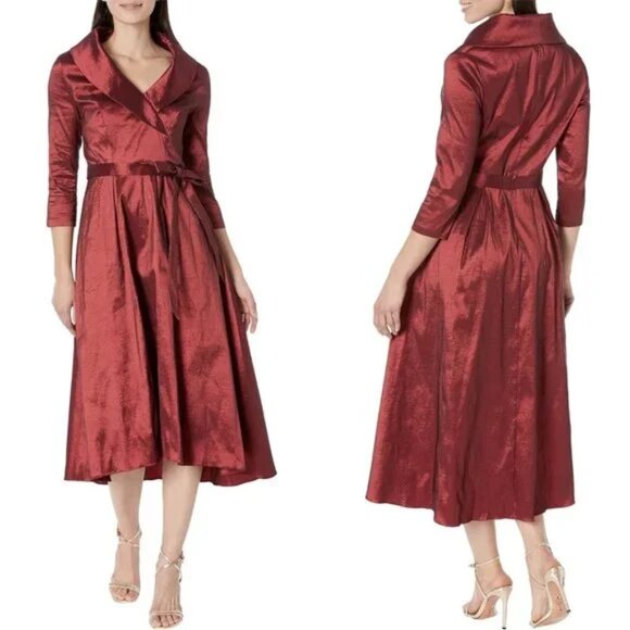 ALEX EVENINGS Womens VALENTINE Red Taffeta Portrait-collar Belted Formal Dress 6 - Picture 1 of 11